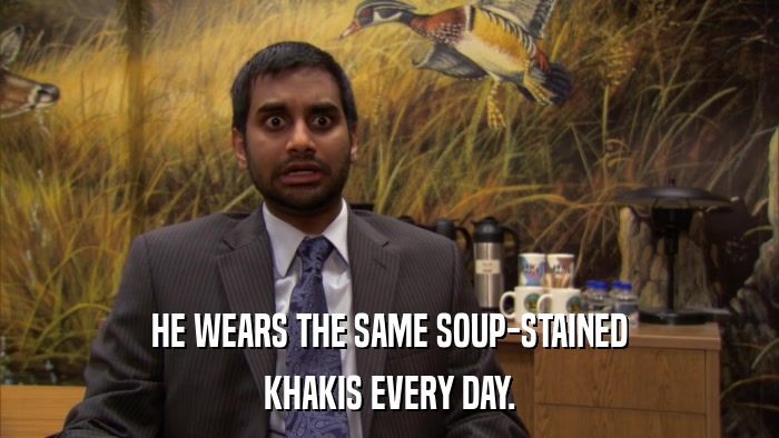 HE WEARS THE SAME SOUP-STAINED KHAKIS EVERY DAY. 