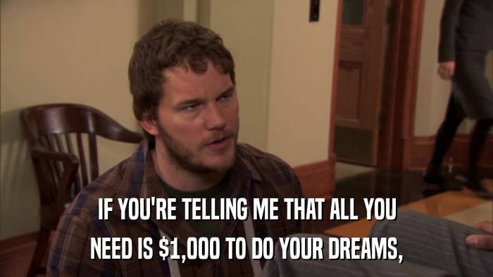 IF YOU'RE TELLING ME THAT ALL YOU NEED IS $1,000 TO DO YOUR DREAMS, 