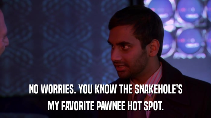NO WORRIES. YOU KNOW THE SNAKEHOLE'S MY FAVORITE PAWNEE HOT SPOT. 