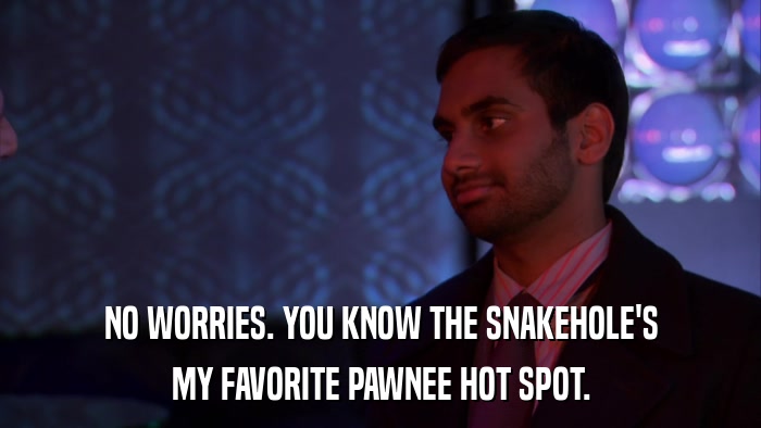 NO WORRIES. YOU KNOW THE SNAKEHOLE'S MY FAVORITE PAWNEE HOT SPOT. 