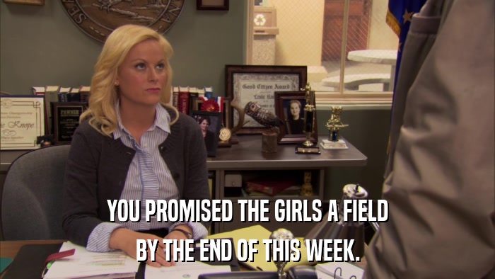 YOU PROMISED THE GIRLS A FIELD BY THE END OF THIS WEEK. 