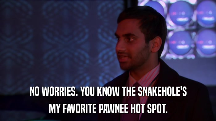 NO WORRIES. YOU KNOW THE SNAKEHOLE'S MY FAVORITE PAWNEE HOT SPOT. 