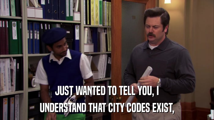 JUST WANTED TO TELL YOU, I UNDERSTAND THAT CITY CODES EXIST, 