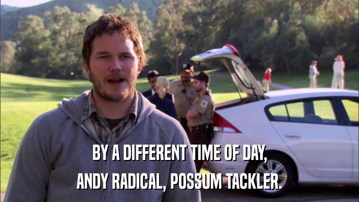 BY A DIFFERENT TIME OF DAY, ANDY RADICAL, POSSUM TACKLER. 