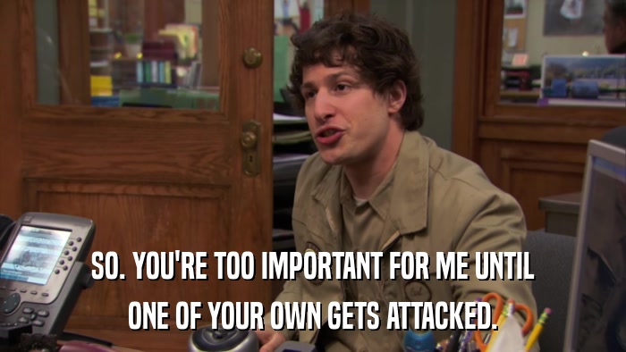 SO. YOU'RE TOO IMPORTANT FOR ME UNTIL ONE OF YOUR OWN GETS ATTACKED. 