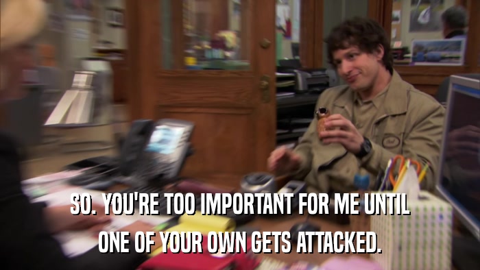 SO. YOU'RE TOO IMPORTANT FOR ME UNTIL ONE OF YOUR OWN GETS ATTACKED. 