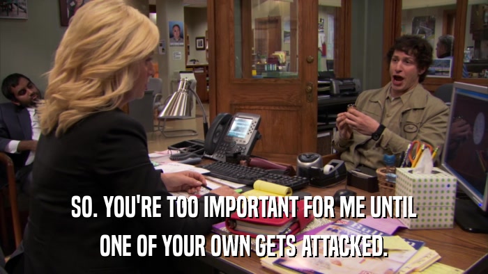 SO. YOU'RE TOO IMPORTANT FOR ME UNTIL ONE OF YOUR OWN GETS ATTACKED. 