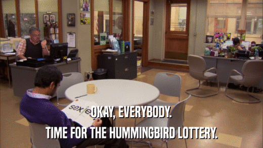 OKAY, EVERYBODY. TIME FOR THE HUMMINGBIRD LOTTERY. 