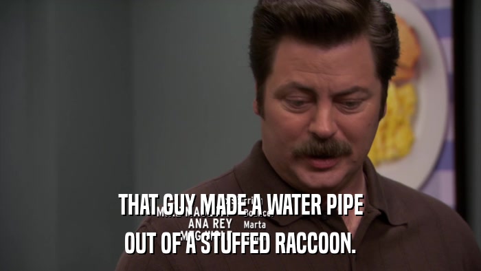 THAT GUY MADE A WATER PIPE OUT OF A STUFFED RACCOON. 