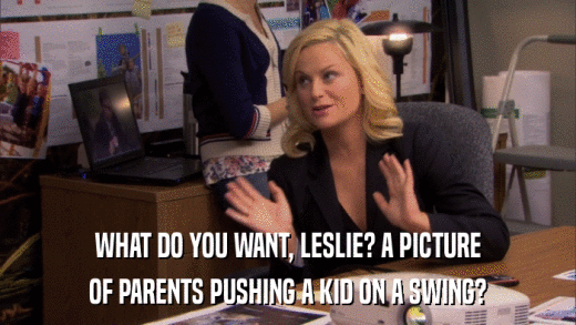 WHAT DO YOU WANT, LESLIE? A PICTURE OF PARENTS PUSHING A KID ON A SWING? 