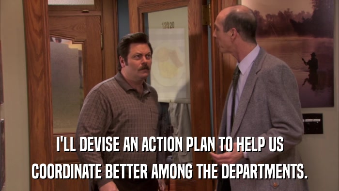 I'LL DEVISE AN ACTION PLAN TO HELP US COORDINATE BETTER AMONG THE DEPARTMENTS. 