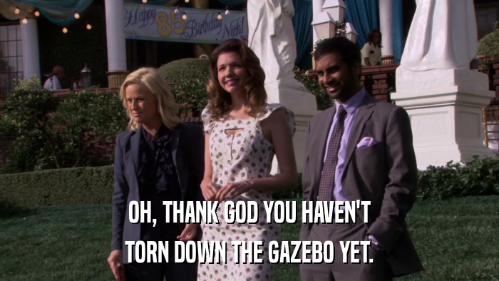 OH, THANK GOD YOU HAVEN'T TORN DOWN THE GAZEBO YET. 