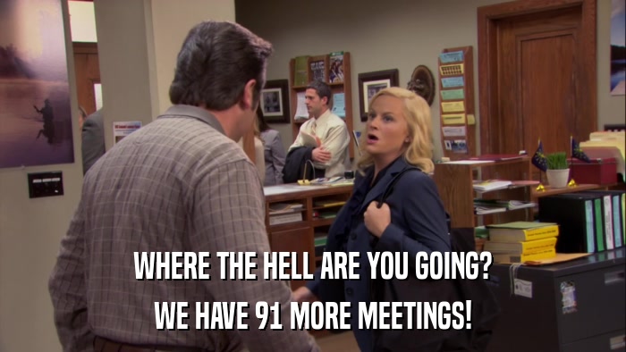 WHERE THE HELL ARE YOU GOING? WE HAVE 91 MORE MEETINGS! 