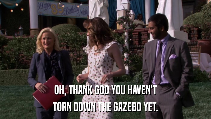 OH, THANK GOD YOU HAVEN'T TORN DOWN THE GAZEBO YET. 