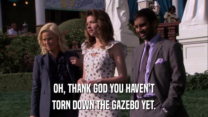 OH, THANK GOD YOU HAVEN'T TORN DOWN THE GAZEBO YET. 