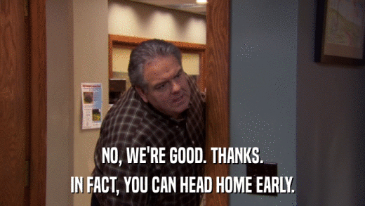 NO, WE'RE GOOD. THANKS. IN FACT, YOU CAN HEAD HOME EARLY. 