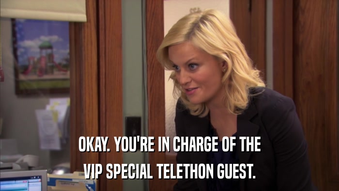 OKAY. YOU'RE IN CHARGE OF THE VIP SPECIAL TELETHON GUEST. 