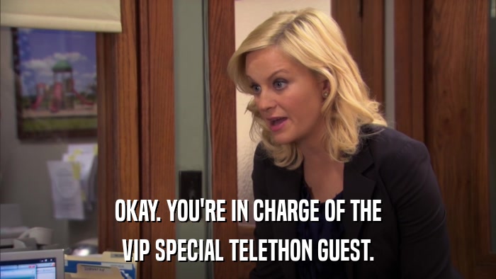 OKAY. YOU'RE IN CHARGE OF THE VIP SPECIAL TELETHON GUEST. 
