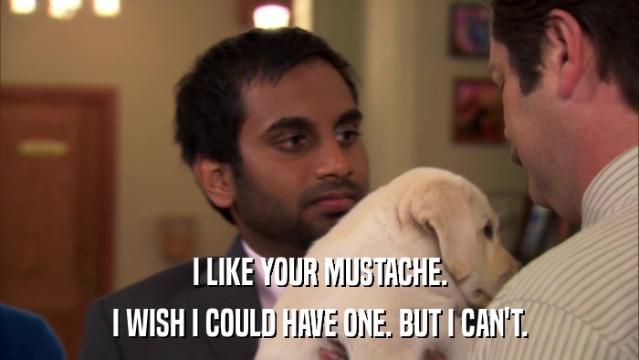 I LIKE YOUR MUSTACHE. I WISH I COULD HAVE ONE. BUT I CAN'T. 