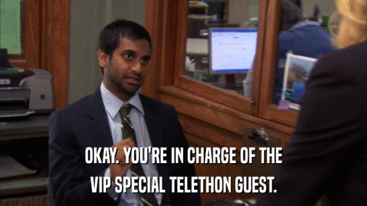 OKAY. YOU'RE IN CHARGE OF THE VIP SPECIAL TELETHON GUEST. 