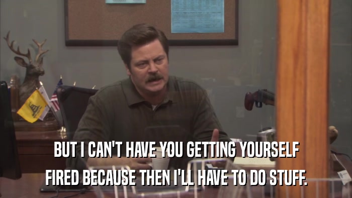 BUT I CAN'T HAVE YOU GETTING YOURSELF FIRED BECAUSE THEN I'LL HAVE TO DO STUFF. 