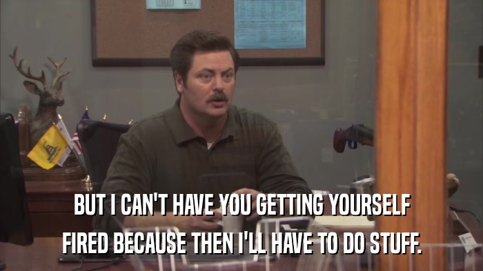 BUT I CAN'T HAVE YOU GETTING YOURSELF FIRED BECAUSE THEN I'LL HAVE TO DO STUFF. 