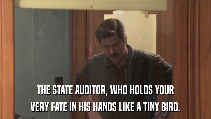 THE STATE AUDITOR, WHO HOLDS YOUR VERY FATE IN HIS HANDS LIKE A TINY BIRD. 