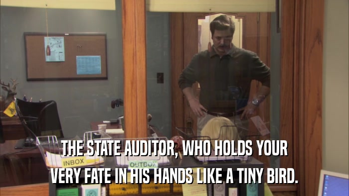 THE STATE AUDITOR, WHO HOLDS YOUR VERY FATE IN HIS HANDS LIKE A TINY BIRD. 