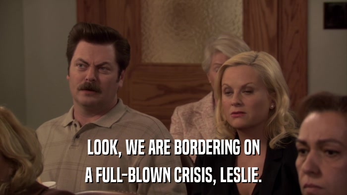 LOOK, WE ARE BORDERING ON A FULL-BLOWN CRISIS, LESLIE. 