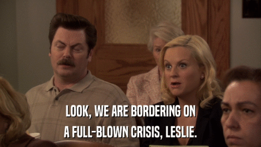 LOOK, WE ARE BORDERING ON A FULL-BLOWN CRISIS, LESLIE. 