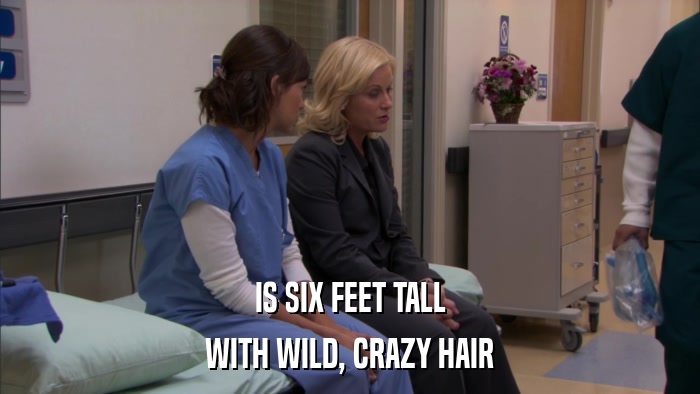 IS SIX FEET TALL WITH WILD, CRAZY HAIR 