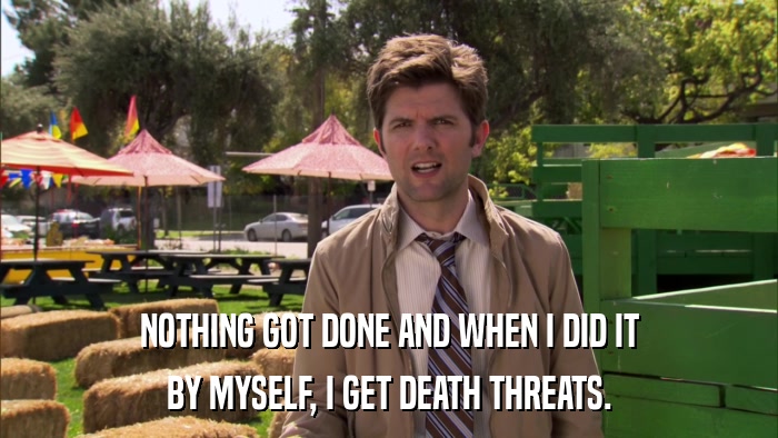 NOTHING GOT DONE AND WHEN I DID IT BY MYSELF, I GET DEATH THREATS. 