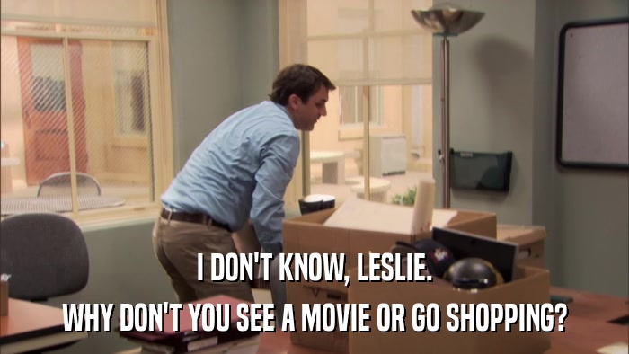 I DON'T KNOW, LESLIE. WHY DON'T YOU SEE A MOVIE OR GO SHOPPING? 