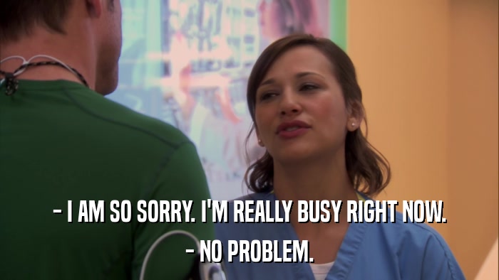 - I AM SO SORRY. I'M REALLY BUSY RIGHT NOW. - NO PROBLEM. 
