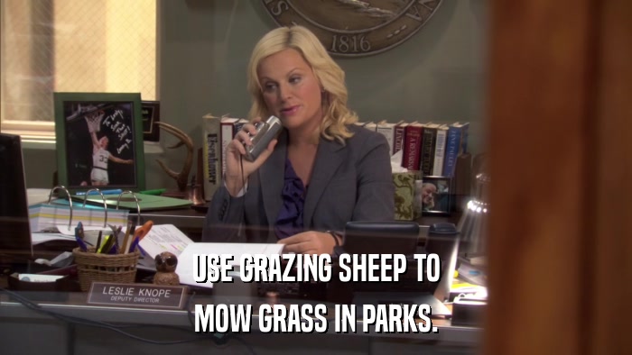 USE GRAZING SHEEP TO MOW GRASS IN PARKS. 