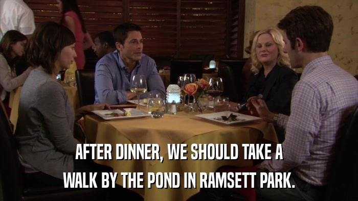 AFTER DINNER, WE SHOULD TAKE A WALK BY THE POND IN RAMSETT PARK. 