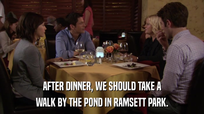 AFTER DINNER, WE SHOULD TAKE A WALK BY THE POND IN RAMSETT PARK. 