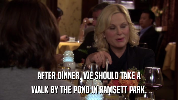 AFTER DINNER, WE SHOULD TAKE A WALK BY THE POND IN RAMSETT PARK. 