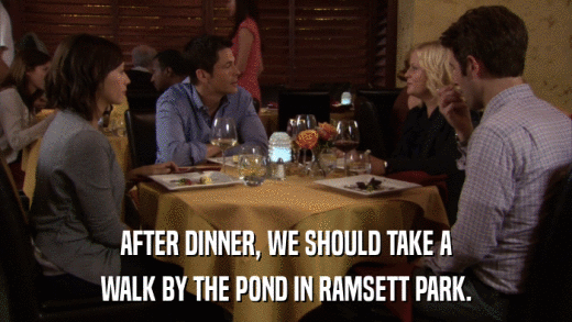 AFTER DINNER, WE SHOULD TAKE A WALK BY THE POND IN RAMSETT PARK. 
