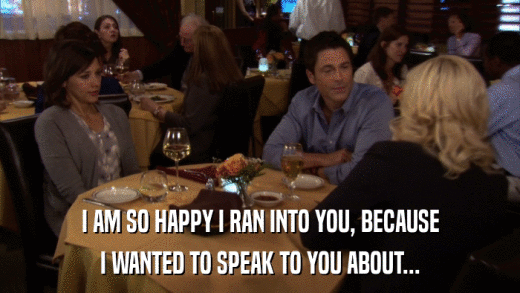 I AM SO HAPPY I RAN INTO YOU, BECAUSE I WANTED TO SPEAK TO YOU ABOUT... 