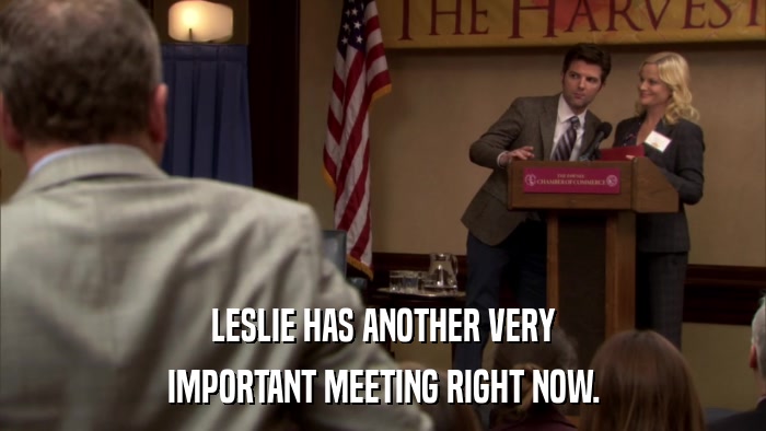 LESLIE HAS ANOTHER VERY IMPORTANT MEETING RIGHT NOW. 