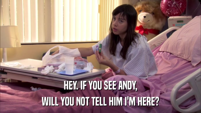 HEY. IF YOU SEE ANDY, WILL YOU NOT TELL HIM I'M HERE? 