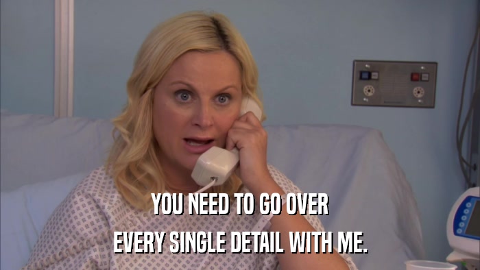 YOU NEED TO GO OVER EVERY SINGLE DETAIL WITH ME. 