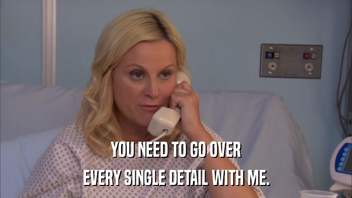YOU NEED TO GO OVER EVERY SINGLE DETAIL WITH ME. 