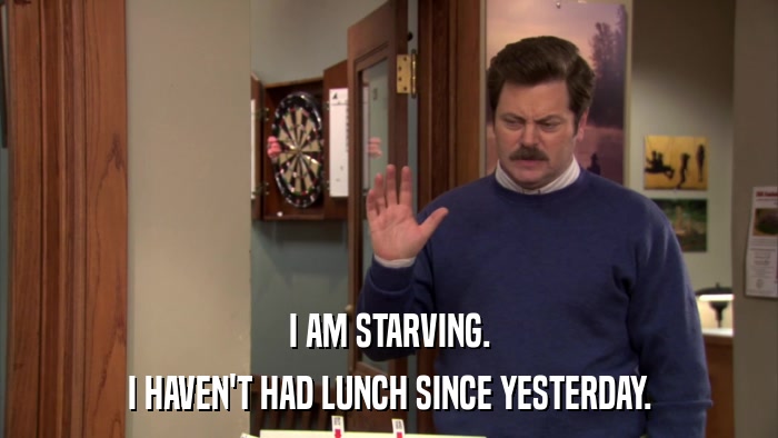 I AM STARVING. I HAVEN'T HAD LUNCH SINCE YESTERDAY. 
