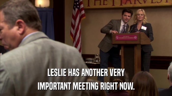 LESLIE HAS ANOTHER VERY IMPORTANT MEETING RIGHT NOW. 