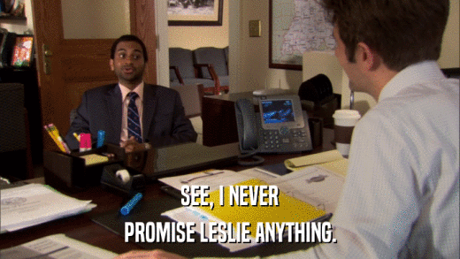 SEE, I NEVER PROMISE LESLIE ANYTHING. 