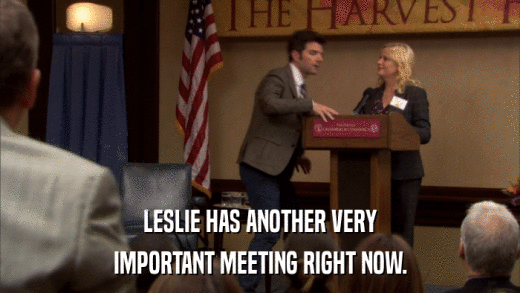 LESLIE HAS ANOTHER VERY IMPORTANT MEETING RIGHT NOW. 