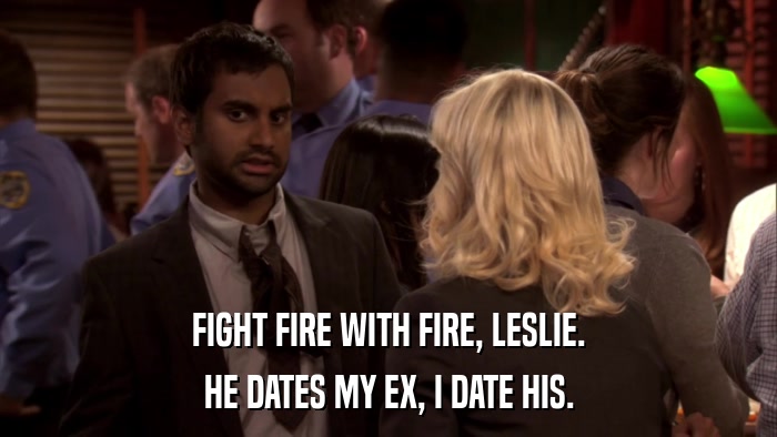 FIGHT FIRE WITH FIRE, LESLIE. HE DATES MY EX, I DATE HIS. 