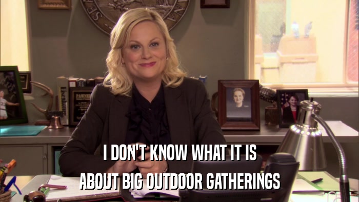 I DON'T KNOW WHAT IT IS ABOUT BIG OUTDOOR GATHERINGS 